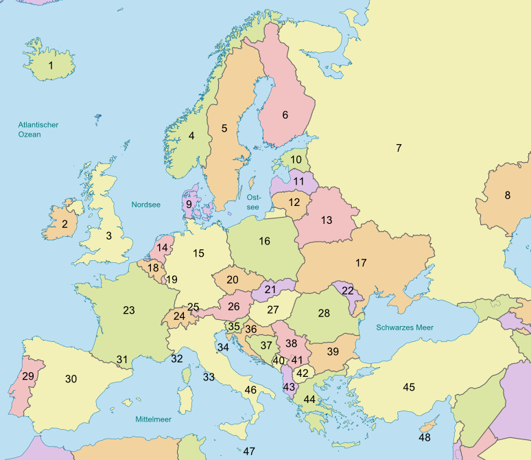Europakarte mit den Staaten Europas