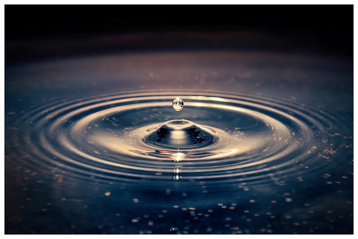 Nahaufnahme eines Wassertropfens, der in eine Wasserschüssel fällt und Wellenmuster erzeugt