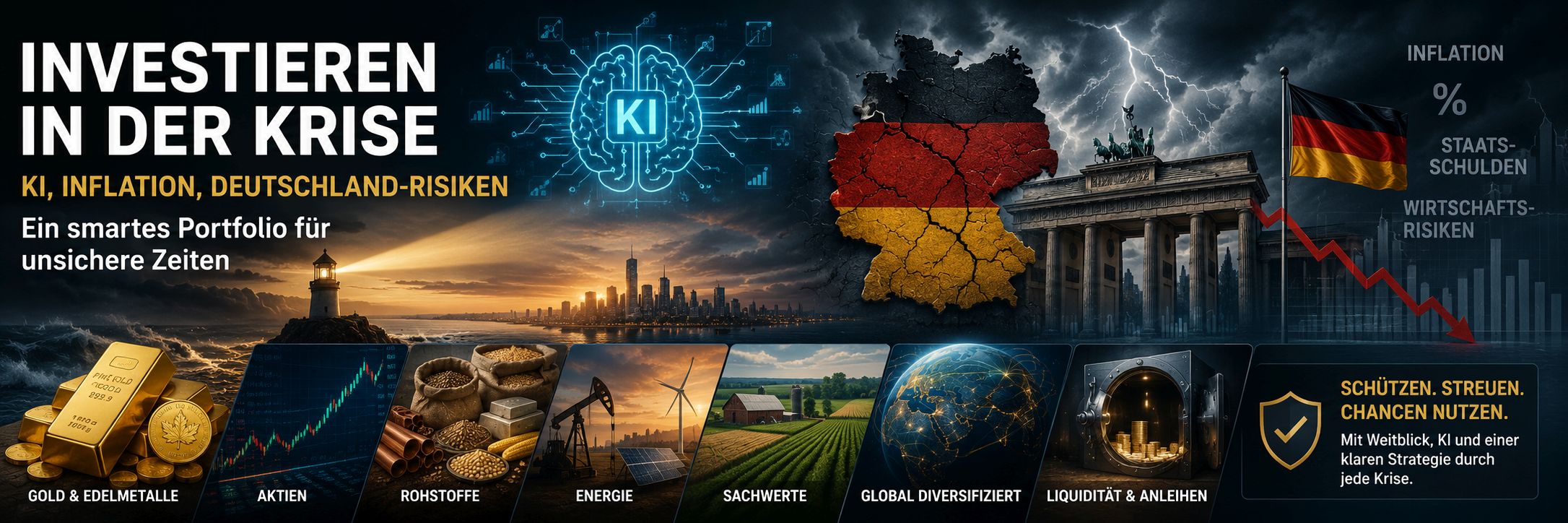 Investieren in der Krise mit KI Umbruch Deutschland Risiken Inflation Gold Aktien Rohstoffen Energie und global diversifiziertem Portfolio