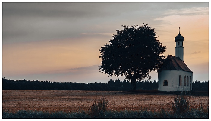 Eine kleine Kapelle mit Zwiebelturm steht einsam neben einem mächtigen Baum auf einem Feld. Der sanfte Abendhimmel in warmen Farben verleiht der Szene eine friedvolle und zeitlose Stimmung.