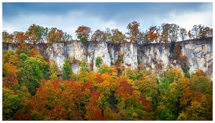 Leuchtendes Rot, Orange und Gold schmücken die Wälder am Fuße der steilen Felswand bei Bad Urach. Ein eindrucksvolles Farbspiel des Herbstes vor dramatischer Kulisse.