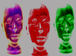 Three abstract heads side by side. Violet - Red - Green.