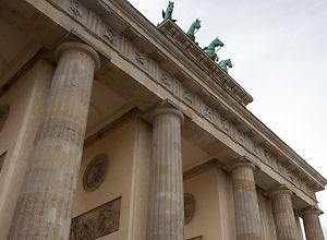 View of the pillars of the Brandenburg Gate in Berlin.