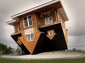 View of the crazy, upturned house in Bispingen near the Snow Dome.