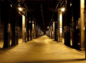 Illuminated Lessing Tunnel at night in Hamburg-Altona.