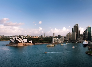View from Harbor Bridge across the water - Sydney skyline.