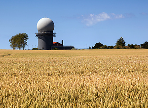 Weather station in front of golden wheat fields on the island of Rügen.